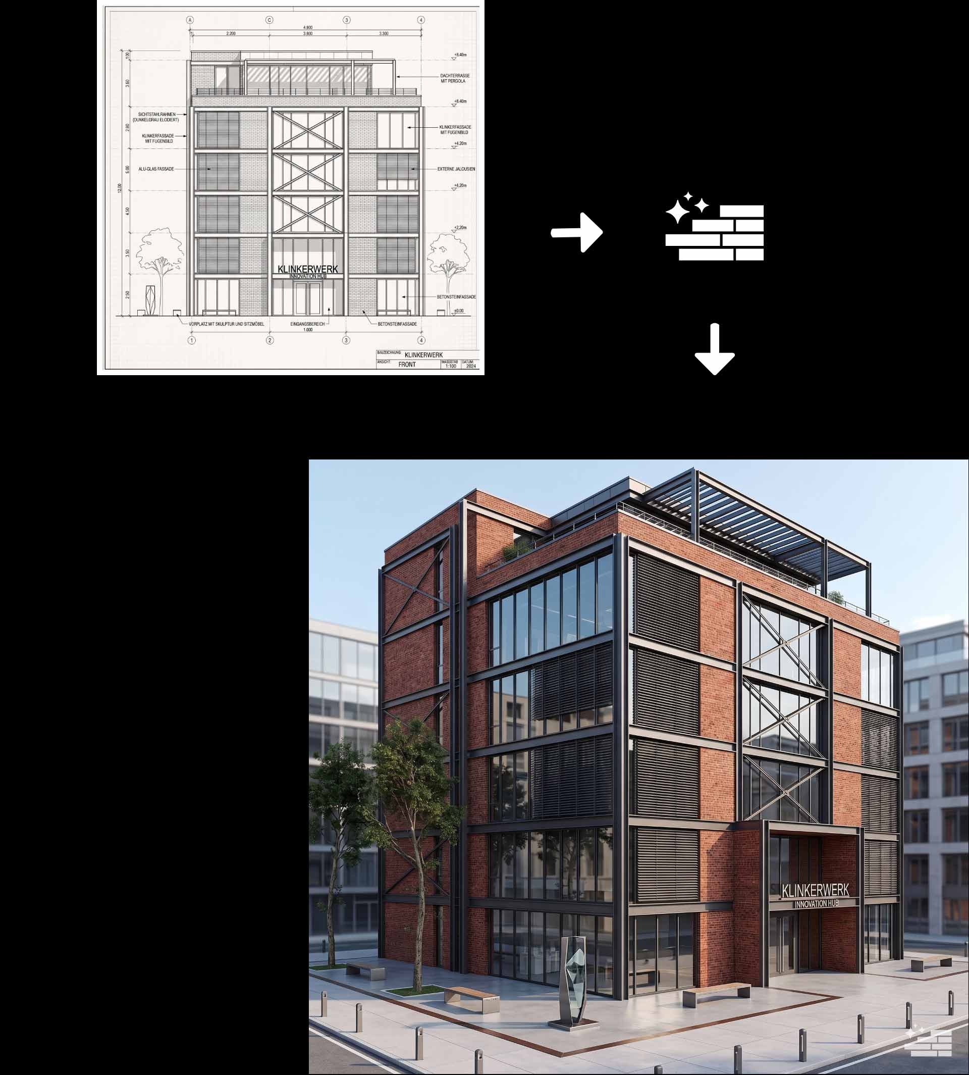 Bürohaus - Mit KI erstellte Klinkerfassade, aus Bauplan