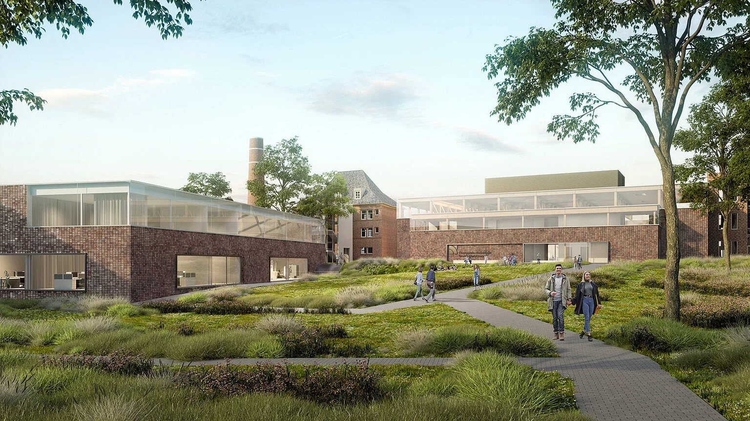 Visualisierung der neuen Campusmitte mit Neubau und historischer Halle